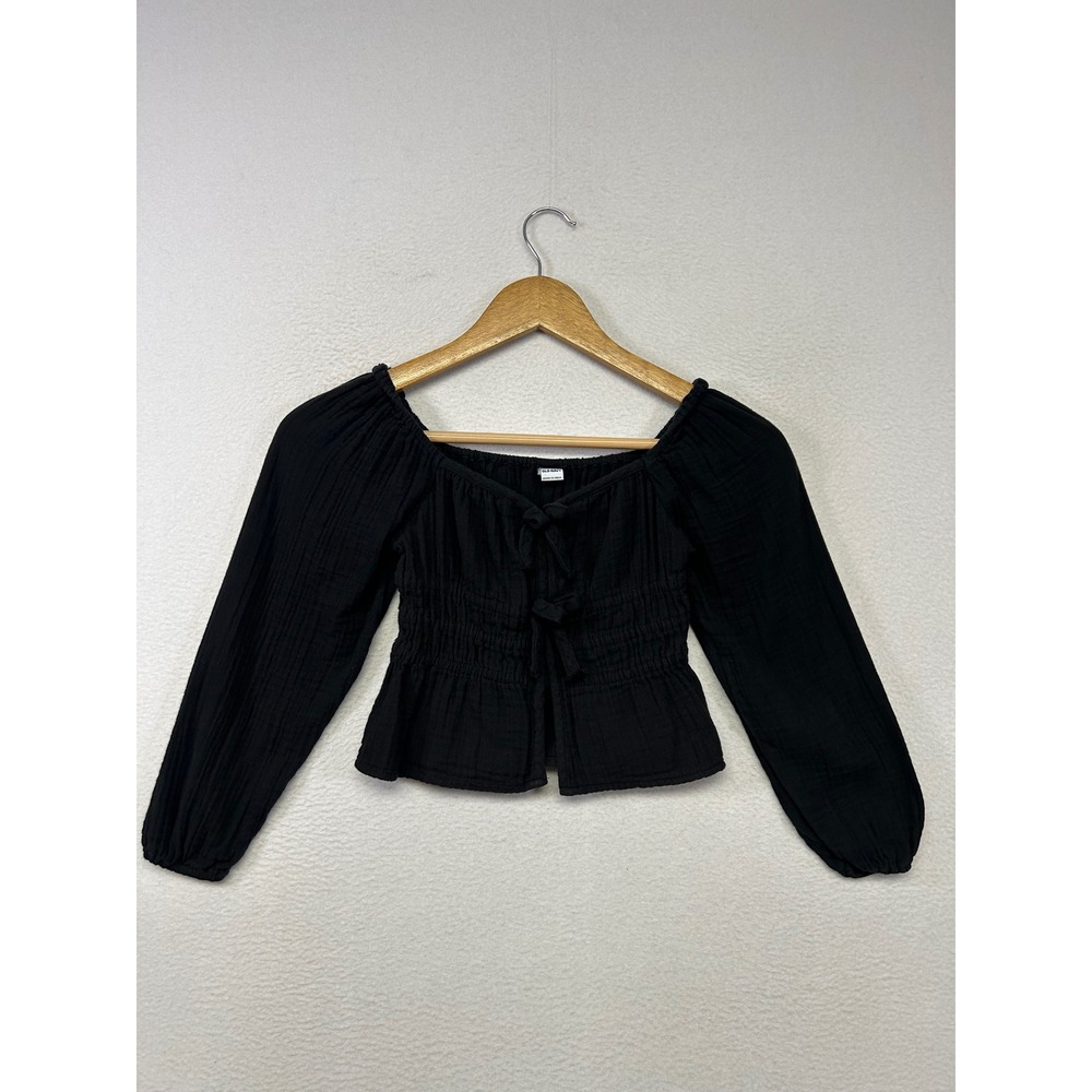 Boho Cottagecore Old Navy Girls S 6-7 Black Smocked Gauze Tie Front Peasant Top